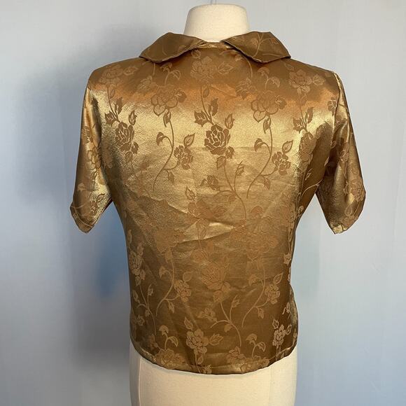 Blouse Top Size Small XS Gold Rose Floral Jacquard Short Sleeve Coquette Twee - Picture 6 of 11